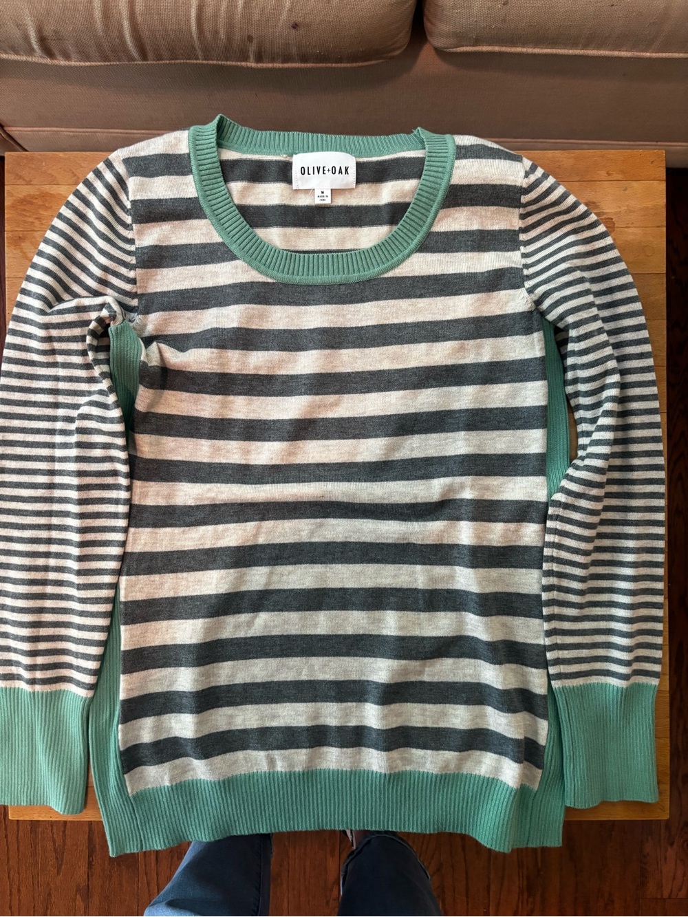 Olive + Oak Striped Colorblock Sweater Women’s Medium Green Gray Cream
NWOT